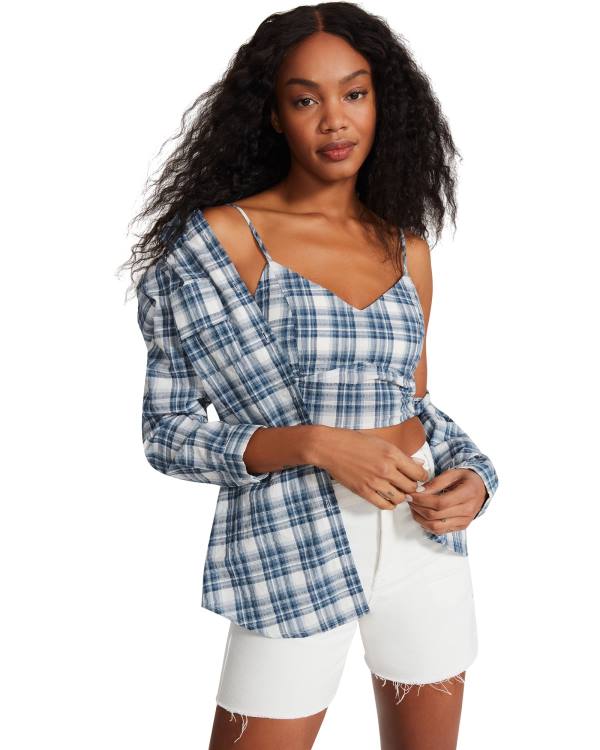 Steve Madden Checkered Button Up Üstler Kadın Mavi | SM-687BM