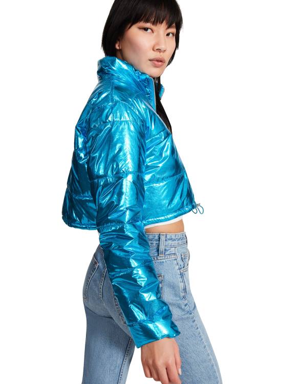 Steve Madden Cropped Metallic Puffer Ceket Kadın Mavi | SM-138VX