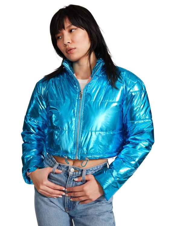 Steve Madden Cropped Metallic Puffer Ceket Kadın Mavi | SM-138VX