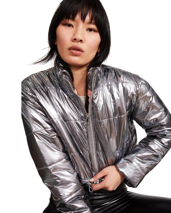 Steve Madden Cropped Metallic Puffer Gunmetal Ceket Kadın Bronze | SM-215FJ