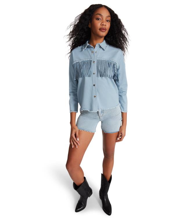 Steve Madden Denim Fringe Button Up Üstler Kadın Mavi | SM-798UQ