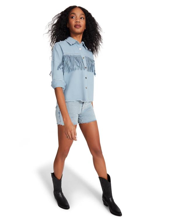 Steve Madden Denim Fringe Button Up Üstler Kadın Mavi | SM-798UQ