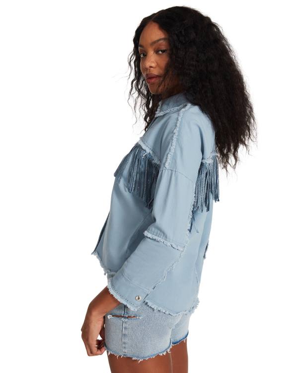 Steve Madden Denim Fringe Button Up Üstler Kadın Mavi | SM-798UQ