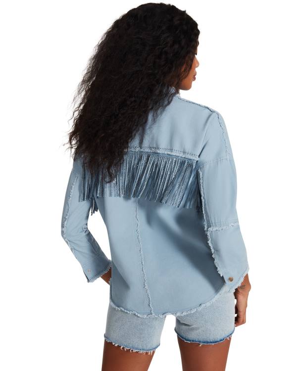 Steve Madden Denim Fringe Button Up Üstler Kadın Mavi | SM-798UQ