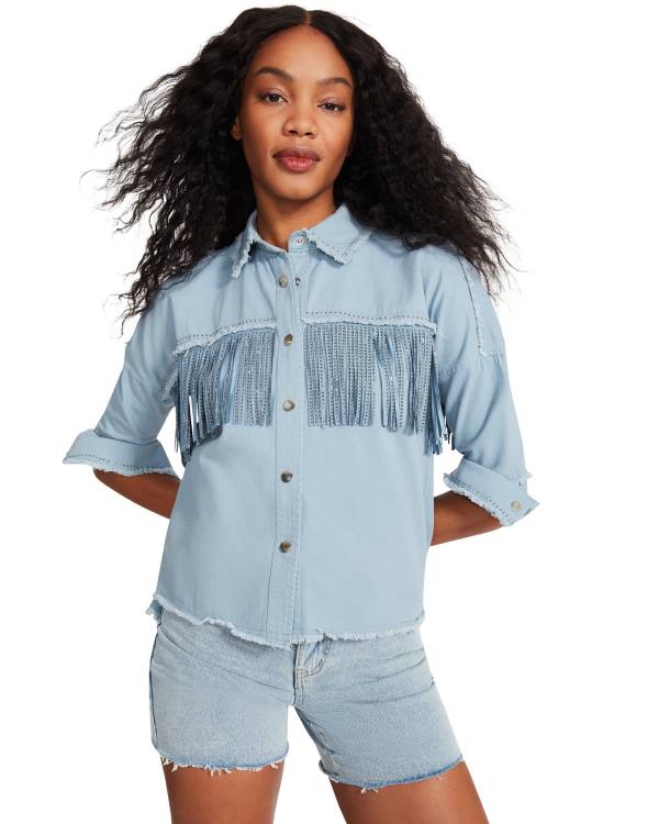 Steve Madden Denim Fringe Button Up Üstler Kadın Mavi | SM-798UQ