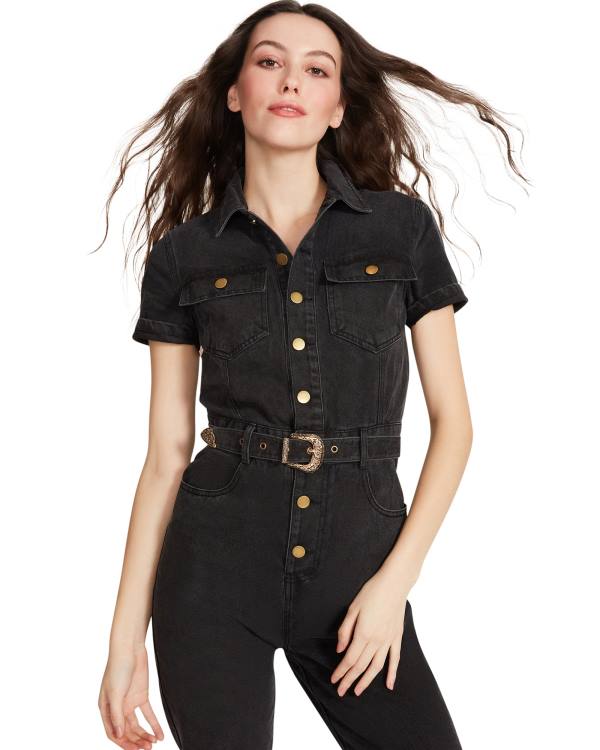 Steve Madden Denim Kısa Sleeve Jumpsuit Etek Kadın Siyah | SM-394DE