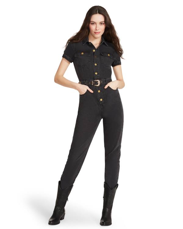 Steve Madden Denim Kısa Sleeve Jumpsuit Etek Kadın Siyah | SM-394DE