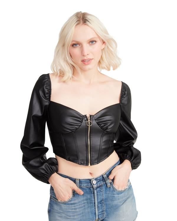 Steve Madden Long Sleeve Faux Deri Corset Üstler Kadın Siyah | SM-504PH