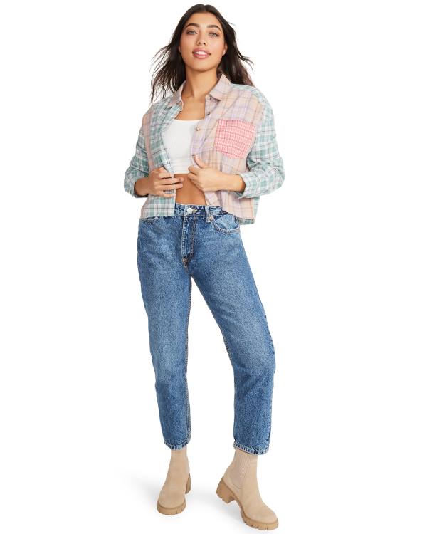 Steve Madden Mixed Plaid Button Down Üstler Kadın Pembe Renkli | SM-960UD