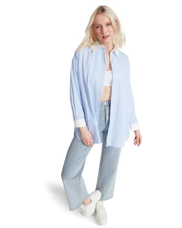 Steve Madden Oversized Button Up Üstler Kadın Mavi | SM-296AZ