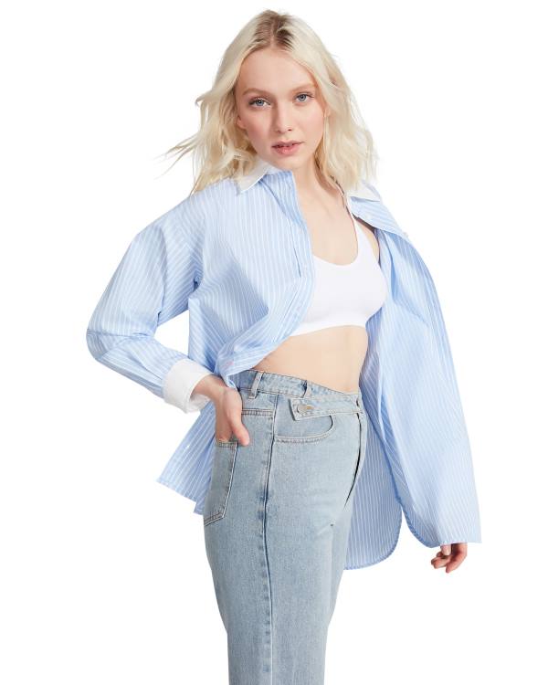 Steve Madden Oversized Button Up Üstler Kadın Mavi | SM-296AZ