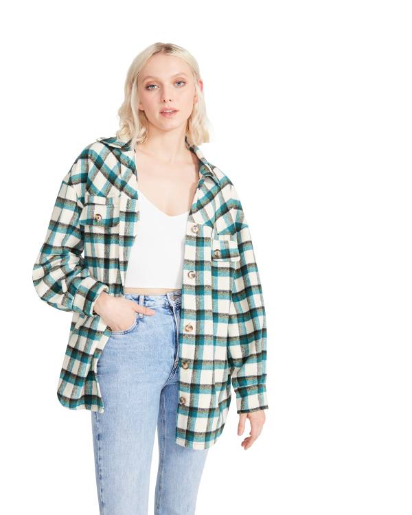 Steve Madden Plaid Button Down Üstler Kadın Yeşil | SM-206BS