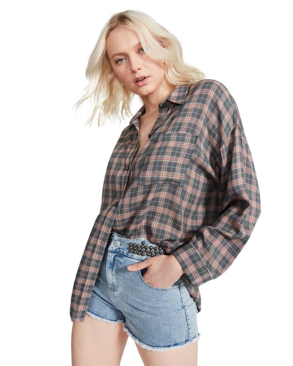 Steve Madden Plaid Flannel Üstler Kadın Koyu Gri | SM-913MK