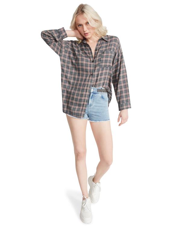 Steve Madden Plaid Flannel Üstler Kadın Koyu Gri | SM-913MK