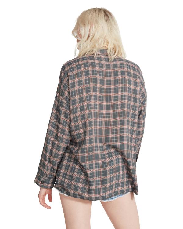 Steve Madden Plaid Flannel Üstler Kadın Koyu Gri | SM-913MK