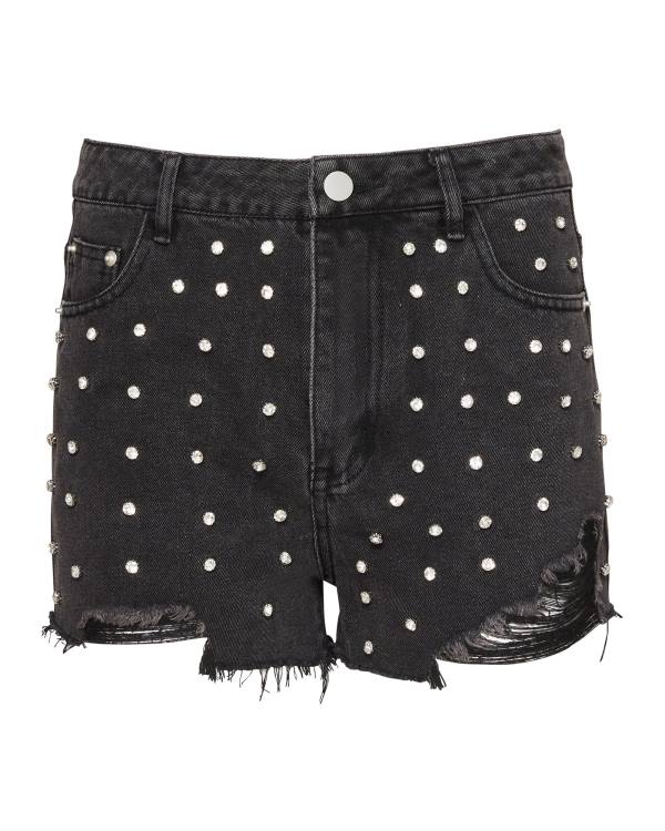 Steve Madden Rhinestone Distressed Denim Şort Kadın Siyah | SM-354VL