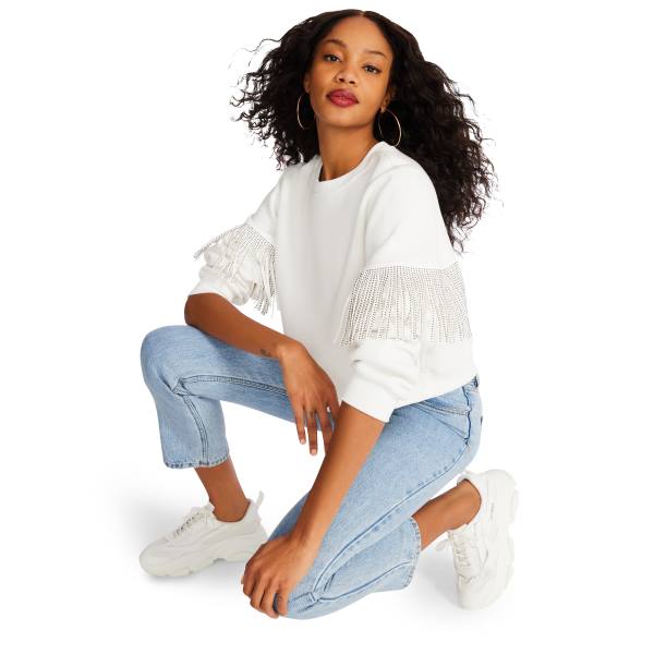 Steve Madden Rhinestone Fringe Crew Neck Üstler Kadın Beyaz | SM-260DO