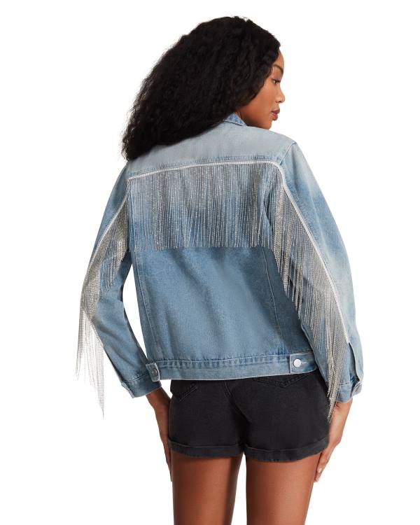 Steve Madden Rhinestone Fringe Denim Ceket Kadın Mavi | SM-079WY