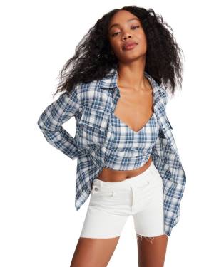 Steve Madden Checkered Button Up Üstler Kadın Mavi | SM-687BM